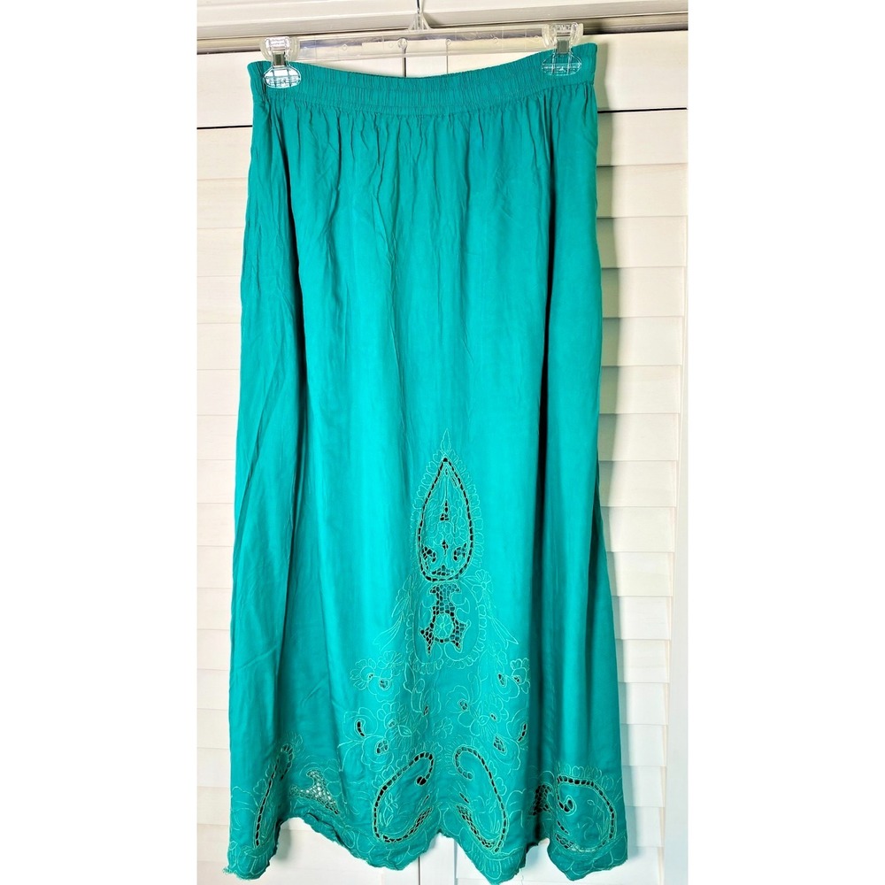 Vintage 90s Bali Crochet Skirt, Aqua Rayon Floral Embroidered Cutwork | XL
